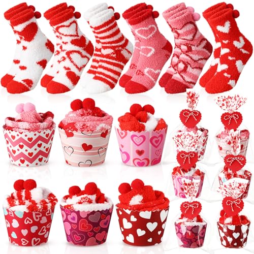 Image of 6 Pairs Valentine's Day Cupcake Socks Fuzzy Sock with Cupcake Card DIY Gift Slipper Stockings for Winter Women Men