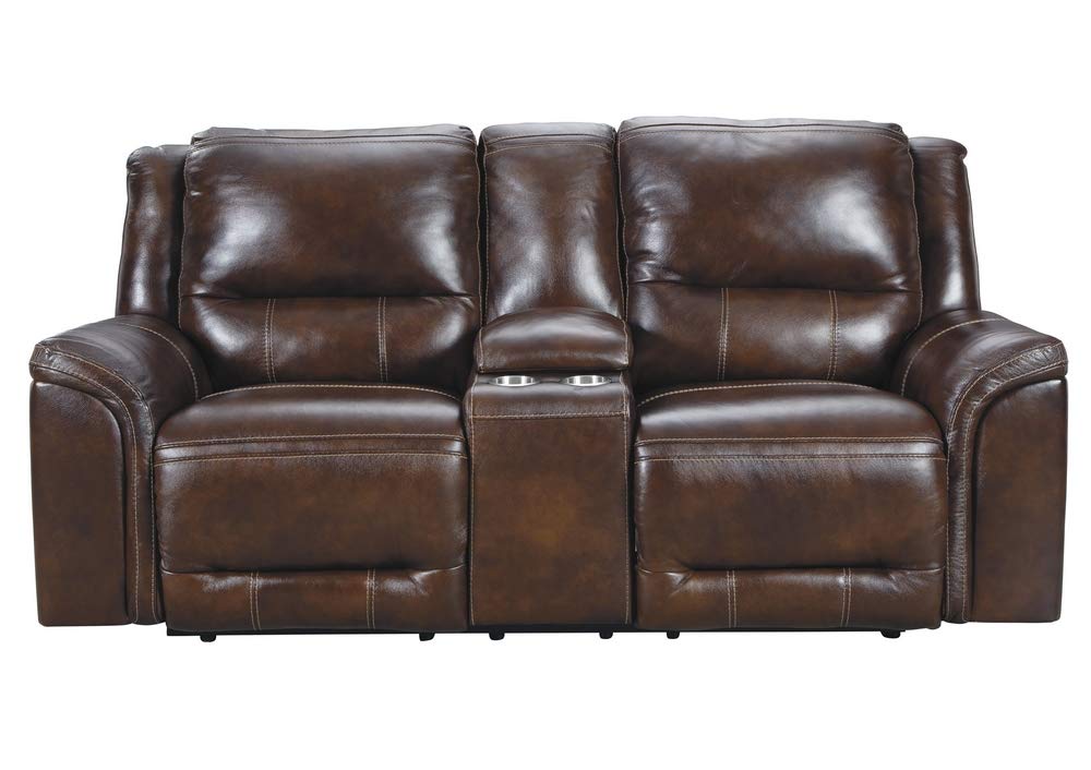 Signature Design by Ashley Catanzaro Leather Adjustable Power Reclining Loveseat with Console & USB Charging, Brown