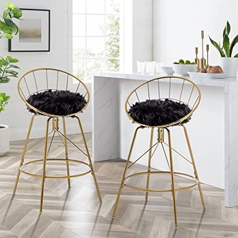 Awonde 30" Swivel Barstools with Backs Set of 2 Bar Height Stools Black Fur Metal Bar Chairs Cover