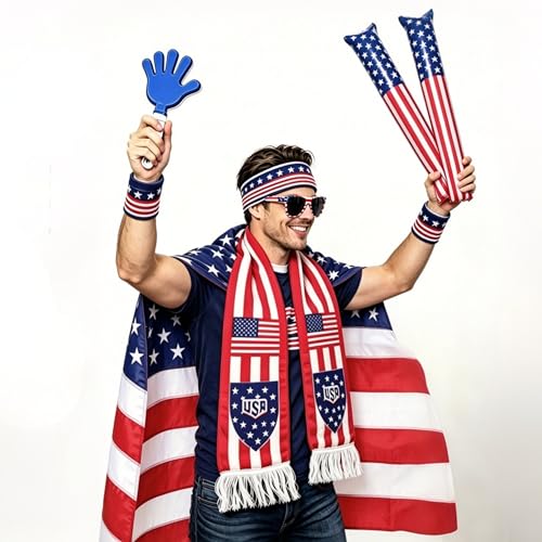 AICARSHI USA Patriotic Fan Gear Kit, 10pcs Patriotic Accessories, for Football Game Day and Parties - with USA Team Flag, Scarf, Headband, Wristbands, Sunglasses, Clapper, Cheering Sticks - image 2