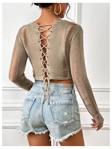 Image of SOLY HUX Sweaters for Women Long Sleeve Ripped Lace Up Back Sheer Crop Tops Plain Khaki Large
