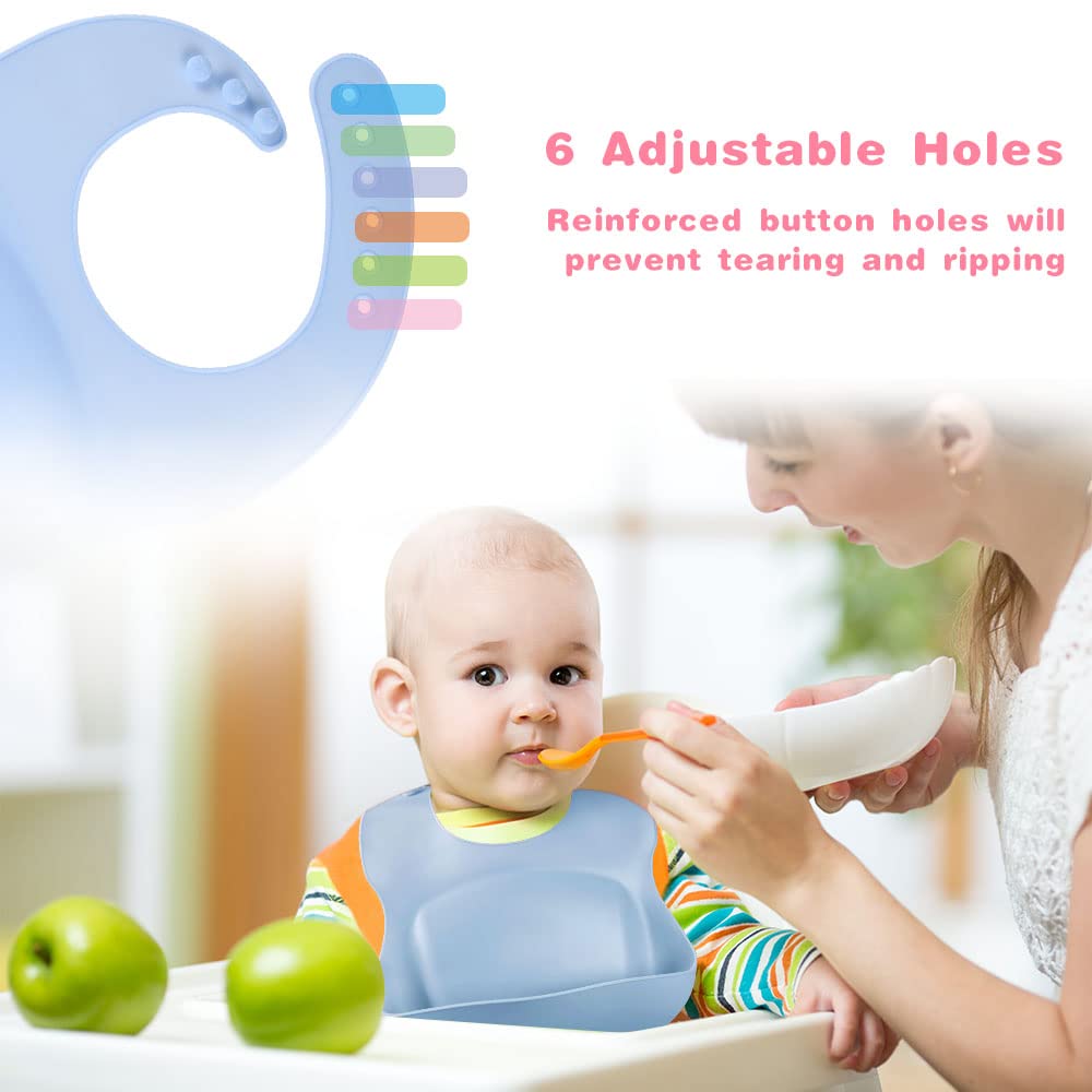 Vicloon Bavaglini Silicone, 2 Pezzi 3D Bavaglino Silicone Impermeabile Senza BPA, Bavaglini Pappa Svezzamento con Tasca Raccoglipappa, 6 Misure Regolabili, per Bambini e Neonati, Blu e Verde