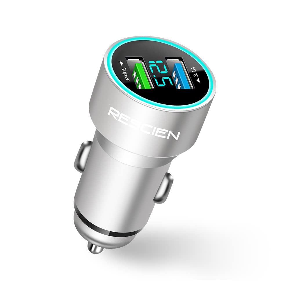 Fast Car Charger Adapter Dual USB Quick Charge with LCD display Fast Charging Car Plug Compatible with mobile phone (silver02)