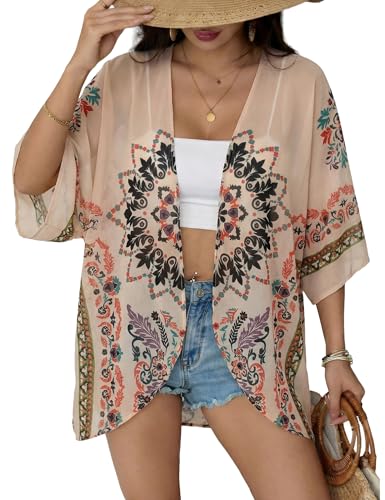 Image of Chunoy Women Floral Beach Wear Cover Up Chiffon Kimono Cardigan Open Front Blouse Top