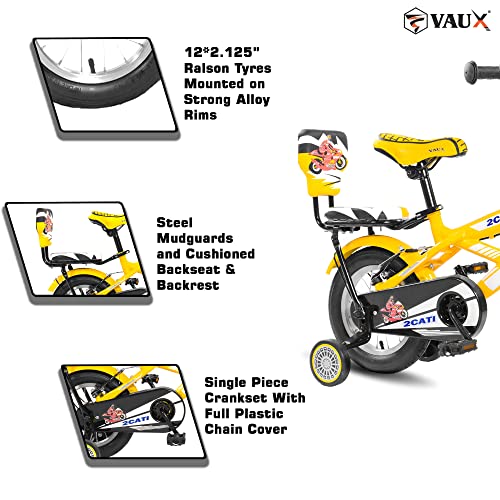 Vaux 2Cati 12inch Cycle for Kids for 2 to 4 Years Old with Basket, Support Wheels & Backseat with Backrest, Ideal for Both Boys & Girls with Steel Frame & Alloy Rims, Ideal Height:2ft to 3ft(Yellow) - Image 2