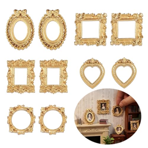 CHIHOLEN 10 mini marcos de fotos vintage de resina, marco dorado barroco para fotos, objetos fotográficos en relieve, funda para teléfono DIY, decoración de pared