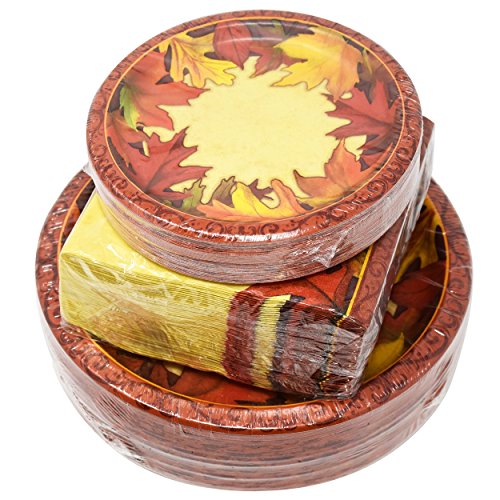 Thanksgiving Paper Plates And Napkins Set For 50 Guests Includes 50 10" Dinner Plates 50 7" Dessert Plates 50 Luncheon Napkins For Fall Leaves Autumn Red Orange Tableware Party Supplies Kit Decoration #TOP5