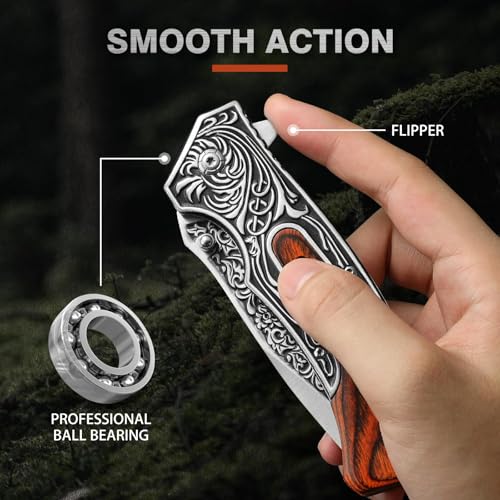 Image of DRACHENADER Pocket Knife for Men, 8.7 inch Folding Knife, 440 Stainless Steel Blade, 0.19lb, Wood Handle with 3D Retro Embossed Pattern, EDC Folding Knife for Work, Camping, Christmas Gifts