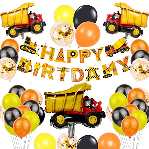 YELYAN Kindergeburtstag Deko,Baustelle Truck Bagger Luftballons Folienballon,Geburtstagsdeko Jungen Happy Birthday Banner für Kinderzimmer Kindergarten BAU Party Dekoration(Watuji Cover