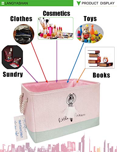 Image of Rectangular Storage Basket Collapse Canvas Fabric Cartoon Storage Bin with Handles for Organizing Home /Kitchen /Kids Toy /Office /Closet /Shelf Baskets (Girl)