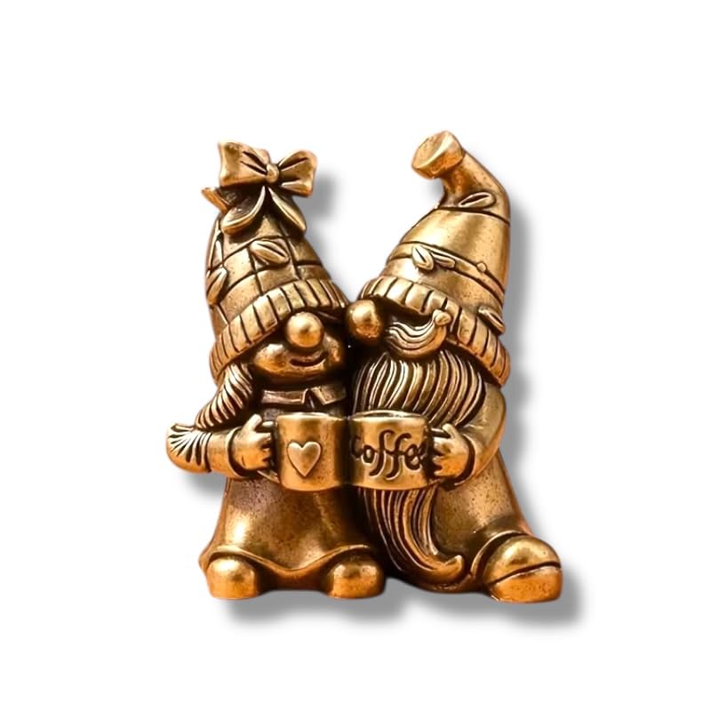 Brass Coloured Gnome Couple Drinking Coffee Miniature Figurine, Valentines