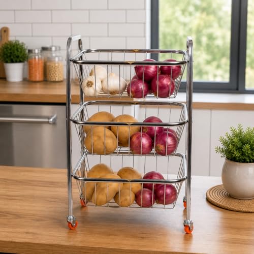 Image of Stainless Steel Fruit & Vegetable Trolley for kichen Fruit Basket Vegetable Basket Onion Potato Rack for Kitchen Stand for Kitchen (03 Layer Trolley)