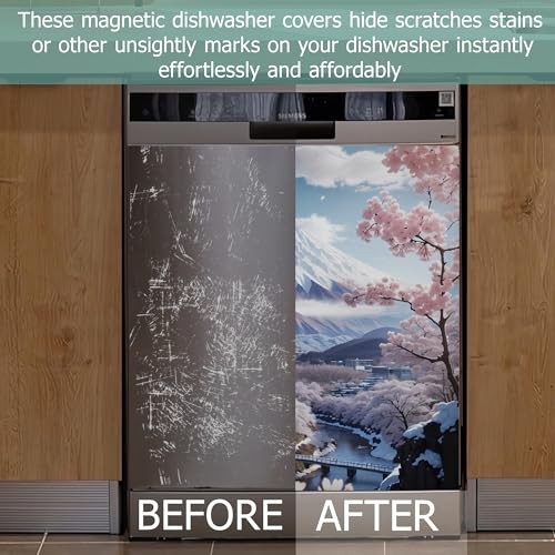 Image of Dishwasher Cover,Fuji Mountain Reusable Dishwasher Magnet Cover,Decorative Pink Cherry Blossom Magnetic Refrigerator Cover Front Panel Cover for Kitchen Decor 23x26 Inch