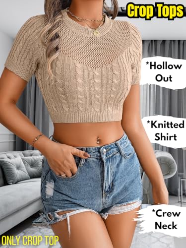 Women's Summer Cropped Knit Tops, Lightweight Hollow-Out Crop Top, Cute Crewneck Baby Tees2