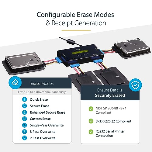 Image of StarTech.com 4 Bay SSD /HDD Hard Drive Eraser, 2.5 /3.5 inch SATA, Hostless Standalone Secure Erase, Disk Sanitizer, Hardware Wiper Erasing Tool, 9 Modes, RS232 Printer Port, NIST /DOD, LCD, TAA (SATERASER4)
