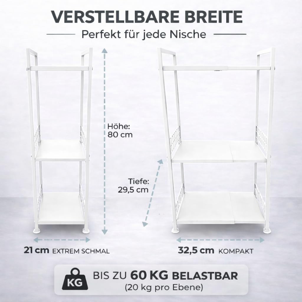 Verstellbares Nischenregal Metall – 21–32,5 cm ausziehbar – Schmales Badregal 3 Ebenen – Freistehend für Bad, Küche, Waschmaschine & Abstellraum – 60 kg belastbar