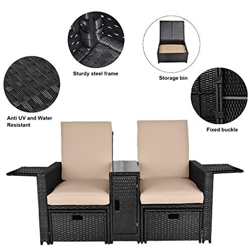 LetGoShop 5PCS Outdoor Wicker Chaise Lounge Chair - Rattan Adjustable Reclining Patio Lounge Chair with Ottoman and Coffee Table, for Patio Beach Pool Backyard (Black Wicker Khaki Cushion)