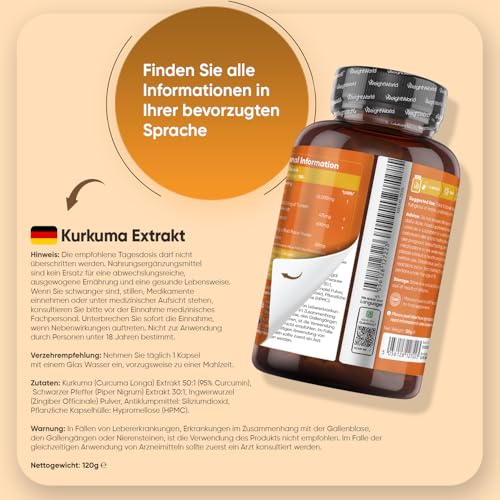 Curcumin Kapseln - 500 mg (50:1) Kurkuma Extrakt, entspricht 25.000 mg Kurkuma - 6 Monate Vorrat - 180 Kapseln - Kurkumin 95% mit Schwarzer Pfeffer & Ingwer - 1 Kapsel pro Tag - WeightWorld