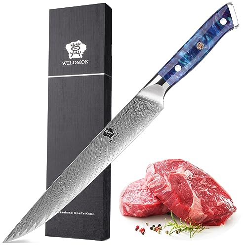 WILDMOK Cuchillo de trinchar Damasco, cuchillo de carne profesional afilado de 22cm, cuchillo de cocina multifuncional hecho de acero japonés Super VG10 con mango de espiga completa