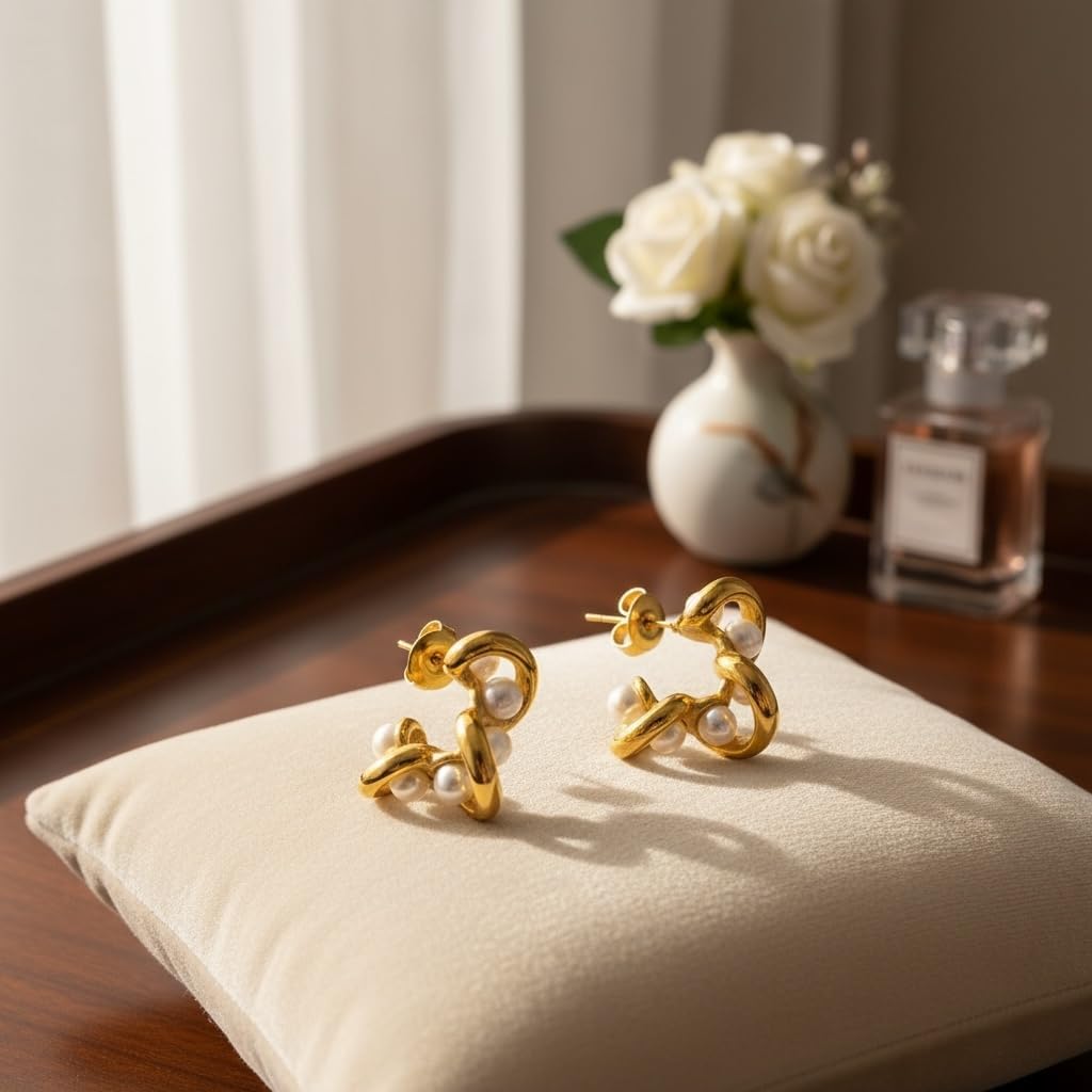 Elegant 18k Gold Plated over Stainless Steel Pearl Hoop Earrings, Small Twisted Design with White Pearls, Classic Boho Jewelry for Women - Image 6