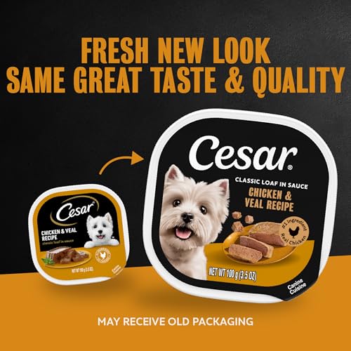 Image of Cesar Classic Loaf in Sauce Wet Dog Food, Chicken & Veal, 3.5 oz, 24 Count | Made in USA, Real chicken #1 ingredient, no fillers /added sugar /artificial flavors, use as meal or topper, easy peel trays
