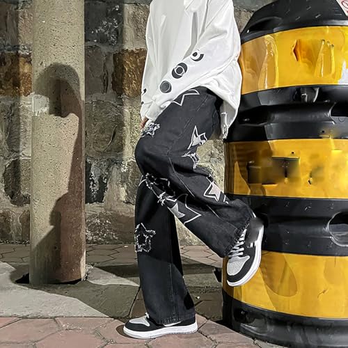 Men's Y2K Straight-Leg Jeans Loose Wide-Leg Star Pattern Retro Distressed Pants Hip-hop Street Style Harajuku Clothes4