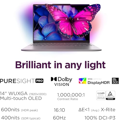 Image of Lenovo Slim 7i Aura Edition Copilot+ PC with Intel Core Ultra 7 258V Processor, 14 inch 100% DCI-P3 OLED Touchscreen, 32GB LPDDR5X-8533MT /s Memory, 1TB SSD, Wi-Fi 7, 5MP RGB+IR Cam, and Win 11 Pro