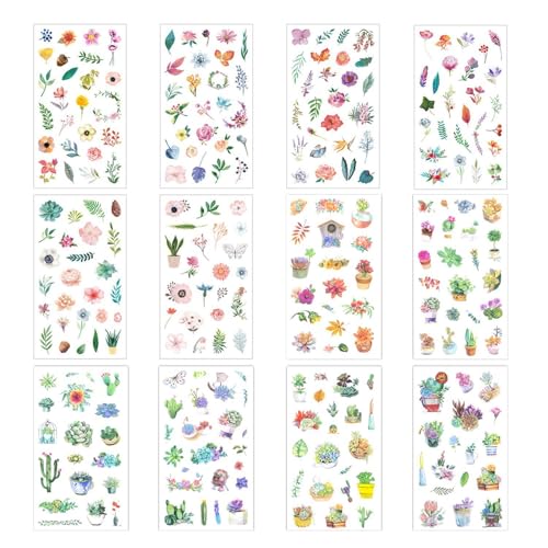 12 pegatinas de plantas y flores, pegatinas estéticas de flores, pegatinas de material DIY, pegatinas de graffiti de diario, set de decoración de bolsillo