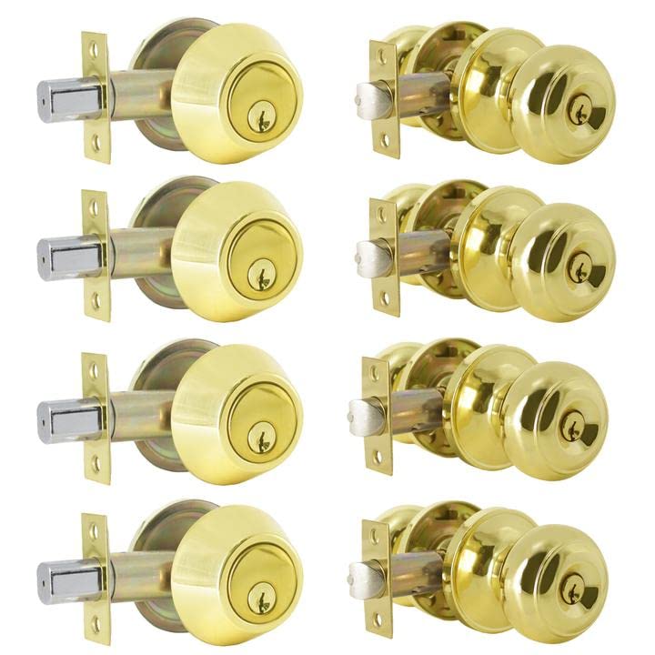 Boutons de porte d'entrée Probrico en laiton poli avec pênes dormants monocylindres clés identiques Lot de 4