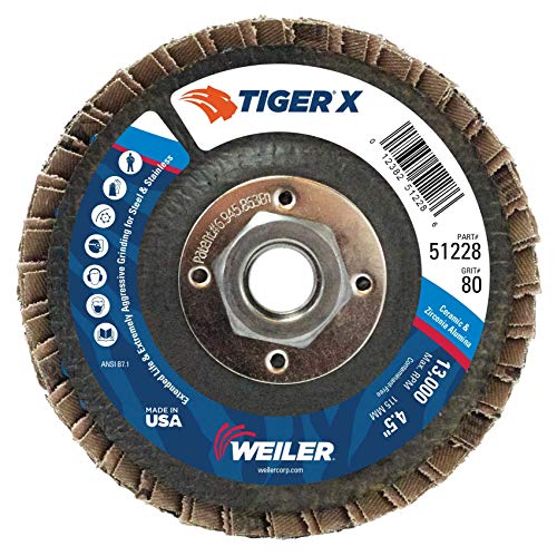 Image of Weiler 51228 Tiger X Flap Disc, Ceramic and Zirconia Alumina, Flat, Phenolic Backing, 80 Grit', 4-1 /2 inch, 5 /8-11 inch Arbor Hole (Pack of 10)