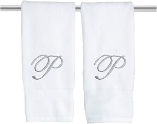 White Monogrammed Hand Towels for Bathroom - Luxury Hotel Quality Personalized Initial Embroidered Towel for Powder Room, Spa - GOTS Organic Certified - Set of 2 Silver Letter P
