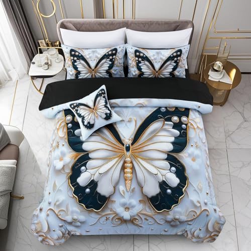 Image of A Nice Night 6pcs Bed in A Bag Black and Glod Dreamy 3D Butterfly Pearl Flower Design, Butterflies Printed Bedding Twin Comforter Set, for Girls Kids Teens