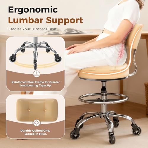 Image of Office Drafting Chair with Footrest, Tall Height Adjustable Stool with Back Support, Heavy Duty Rolling Stool Chair with Wheels for Office Home Kitchen Bar Shop Guitar Studio Vanity, White