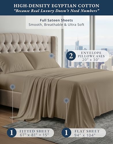 Image of LANE LINEN Cotton Full Size Sheet Sets 100% Egyptian Cotton Sateen - Taupe | Full XL Sheets Set - 4-Piece Set, For A Luxurious Night's Sleep, For Guests And Everyday Use, Guest-Ready Comfort