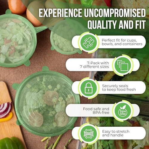 Image of Reusable Silicone Stretch Lids for Food Storage in Fridge - Elastic Heat-Resistant Bowl Covers, Cups, Cans, Jars - Universal Food Grade Lid for Containers - 7 Pack - Light Green Stretchy Lid Set