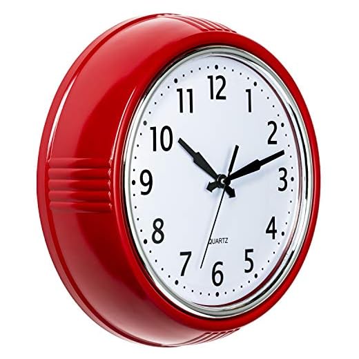 Bernhard Products Retro Wall Clock 12 Inch Red Kitchen 50's Vintage Design Round Silent Non Ticking Battery Operated Quality Quartz Clock for Home Office School or Classroom