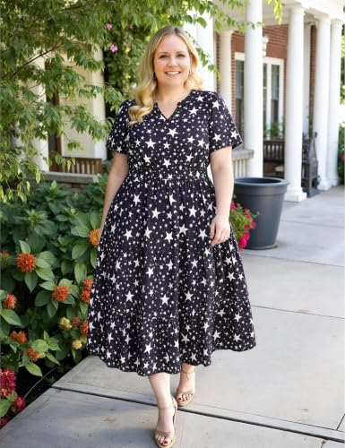 Image of TIYOMI Women Plus Size Dress Boho V Neck Short Sleeve Beach Maxi Dresses Floral /Stripe /Leaves /Lemon XL-5XL
