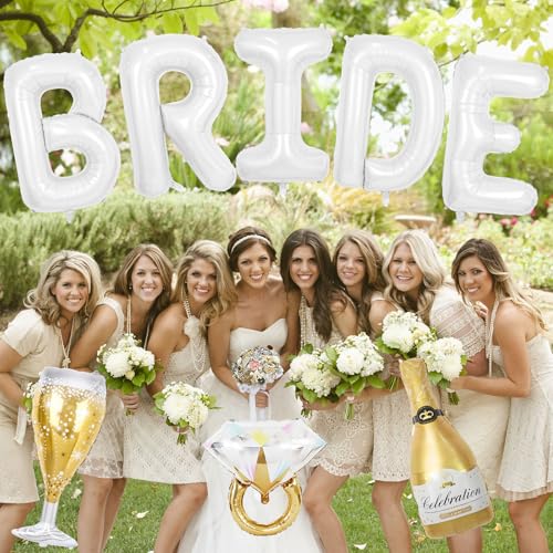 Image of 40inch Bride Balloons White Letters Banner, Bachelorette Party Decorations Set with Diamond Ring Champagne Bottle Balloon Glass Foil Balloon for Bachelorette Engagement Wedding Bridal Shower Decor