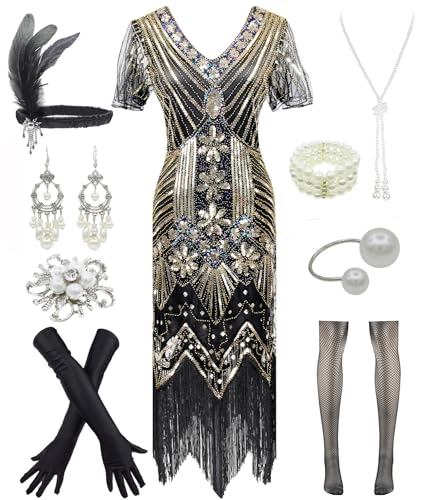 Image of Women 1920s Gatsby Vintage Sequin Flapper Fringe Party Plus Dress with 20s Accessories Set