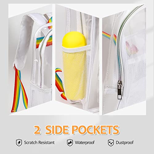 2 Pieces Heavy Duty Clear Backpack(Rainbow/White), Pvc Waterproof Transparent Bag With Cosmetic Bag, See Through Book Bag With Lunch Bag, Stadium Approved, For School, Work, Women, Men, Boy, Girl #TOP2
