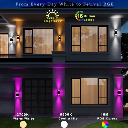 Image of rosykite Smart Outdoor Sconce Lights 2 Pack, Up Down Wall Porch Lights RGB Color Changing WiFi APP Control, Dimmable LED Exterior Wall Lighting Fixtures Work with Alexa,No Hub Required,ETL Listed