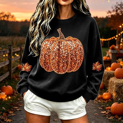 Pumpkin Sweatshirt Women Sequin Oversized Crewneck Halloween Sweatshirts - image 2