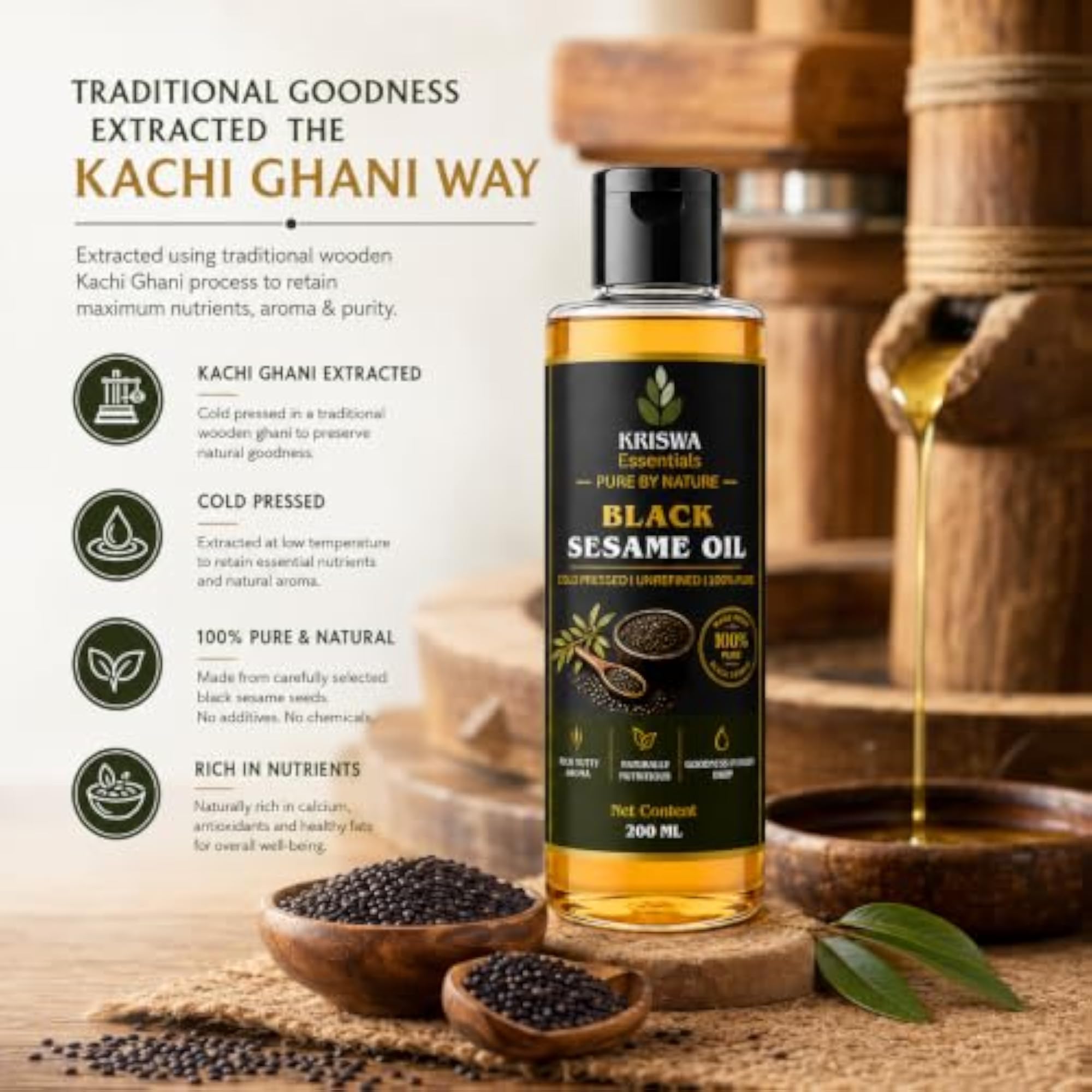 Black Sesame Seed Oil, Pure Cold Pressed, 200ml