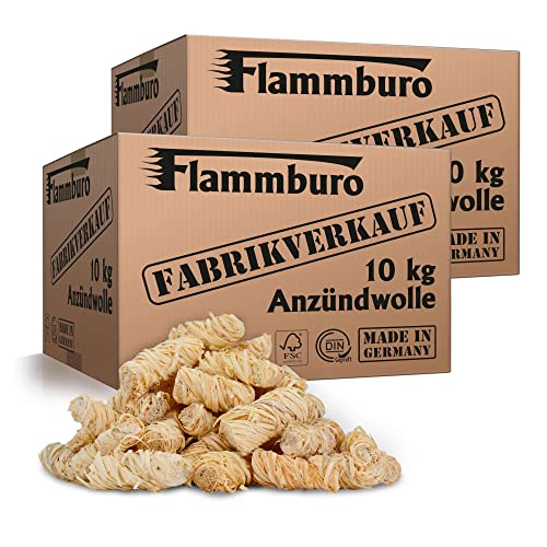 FLAMMBURO Laine d'allumage écologique Directement du Fabricant (10 + 10 kg), Laine de Bois d'origine certifiée, Produit certifié FSC®, Cire végétale, Allume-Barbecue écologique Cover