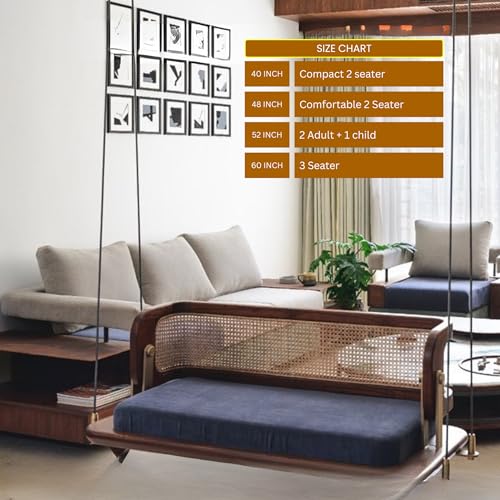 Image of Modern Luxury Wooden Reversible Swing (Jhula) for Home | Solid Sheesham Wood | Cane Weave Backrest | Adjustable Hanging Chain | Cushioned Comfort | Indoor & Covered Outdoor Use (48 Inch)