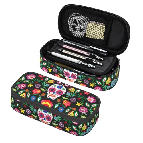 Image of Cool Mexican Skull Floral Pencil Case Organizer Big Capacity Pencil Pouch Stationery With Zipper School Supplies Pencil Bag For Girls Boys Office