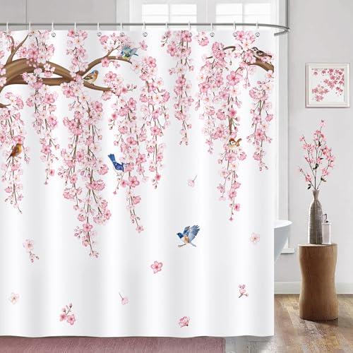 Bonhause Duschvorhang Kirschblüte Rosa Blumen Japanische Vögel Duschvorhänge 180 x 180 cm Anti-Schimmel Wasserdicht Polyester Stoff Waschbar Bad Vorhäng für Badzimmer mit 12 Haken