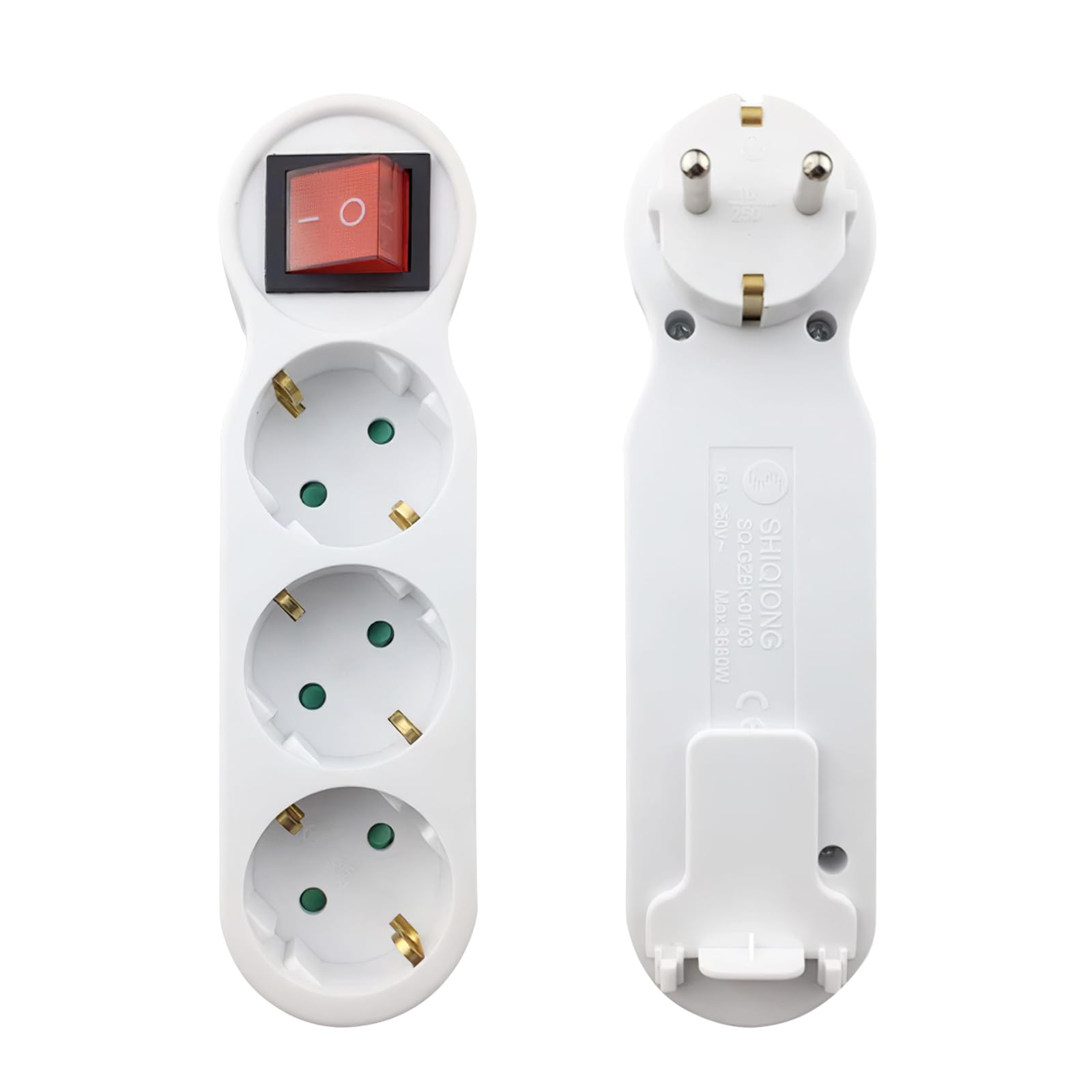 Ladrón de Enchufes Triple Plano, Regleta 3 Tomas con Interruptor y Luz Indicadora, 16A 250V, 3680W, compacta para Pared, Enchufe múltiple para Oficina salón Dormitorio Cocina