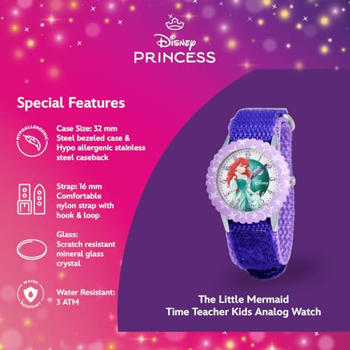 Disney Kids' W000866 "Ariel Time Teacher" Stainless Steel Watch with Purple Nylon Band4