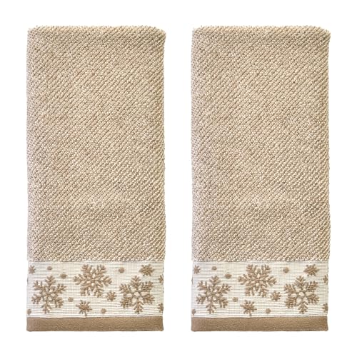 SKL Home Christmas/Winter Heather Snowflake 100% Cotton Premium 2-Piece Hand Towel Set, 500 GSM, Soft & Absorbent Jacquard, Decorative for Bath/Kitchen/Bar, Tan